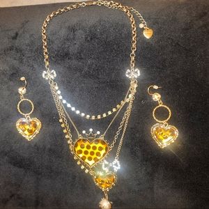 Betsey Johnson Love necklace matching dangle earrings, gold tone leopard print